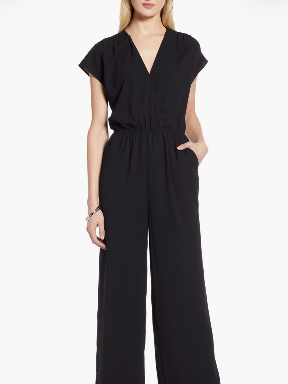 Halogen Black Faux-Wrap Jumpsuit with Fitted Waist